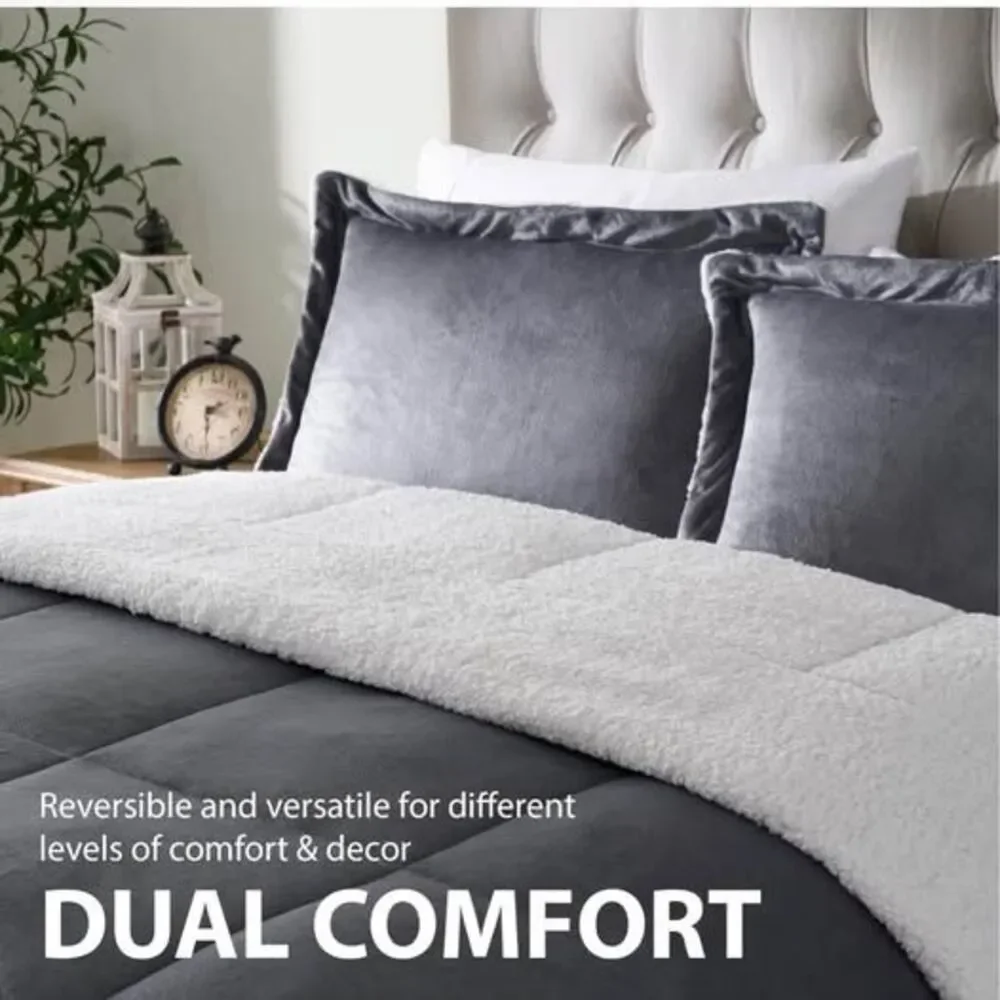 3 Pieces King Sherpa & Faux Fur Reversible Comforter Set Grey/White NEW
